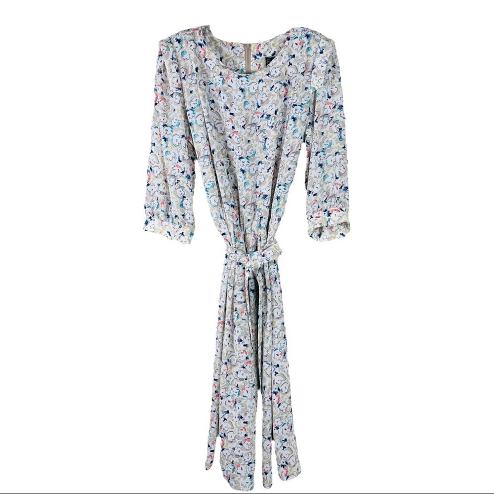 Vintage White Floral Midi Dress with Blue and Pink Accents